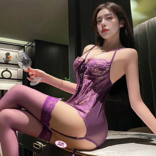 Drunken Desire – Sexy Deep V Lace Cutout Strappy Bodysuit