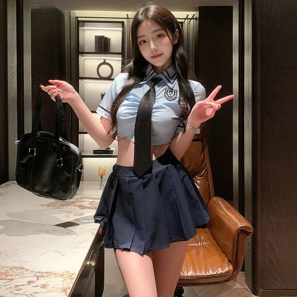 Energetic Schoolgirl Uniform – Crop Top & Pleated Mini Skirt Set