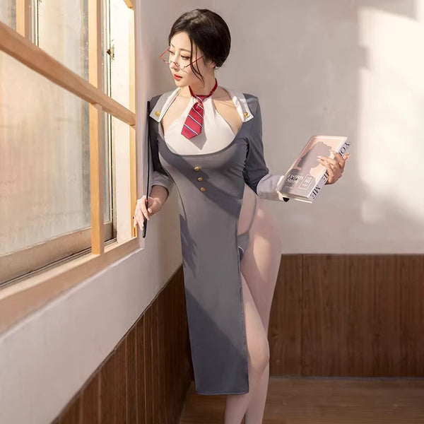 Private Tutor Whispers – Slit Crotchless Cosplay Dress Set